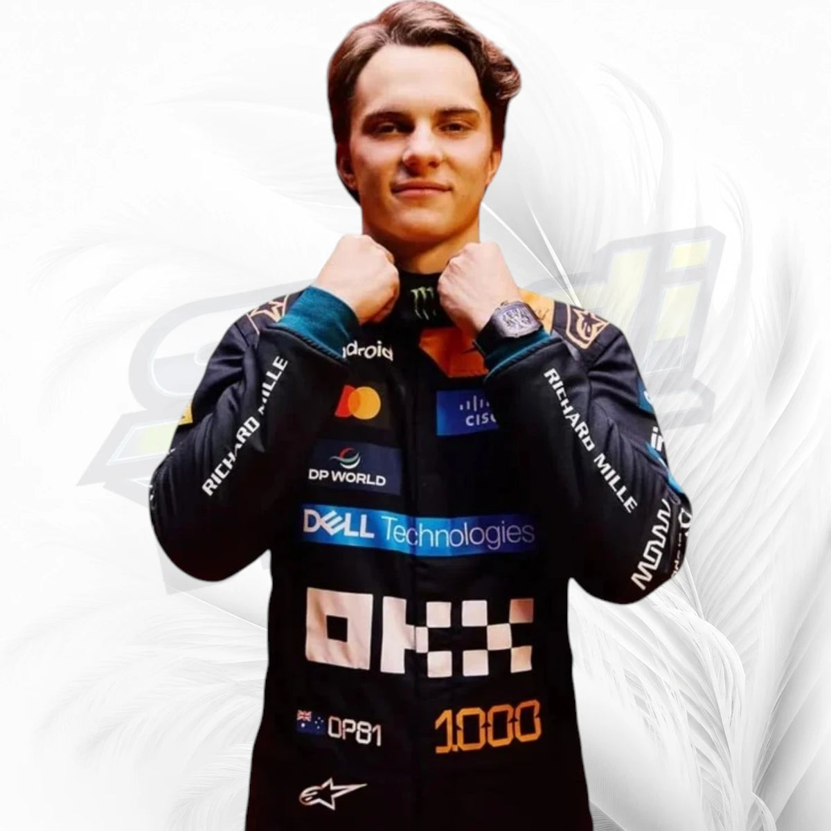 Oscar Piastri inspired 2026 McLaren racing suit with dark navy fabric and papaya-orange shoulder detailing