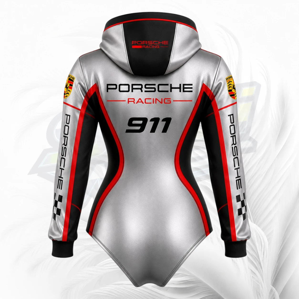 A long-sleeve hooded bodysuit shown from the back, featuring a metallic silver body with black sleeves and hood, red side stripes, and Porsche Racing branding including the number 911.