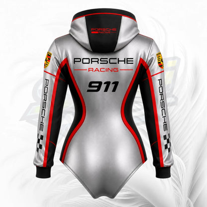A long-sleeve hooded bodysuit shown from the back, featuring a metallic silver body with black sleeves and hood, red side stripes, and Porsche Racing branding including the number 911.