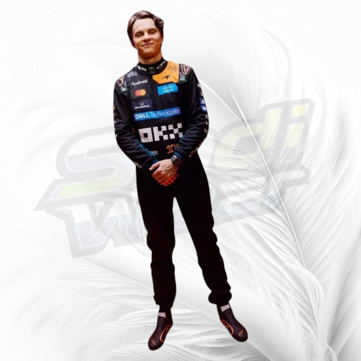 Full-length Oscar Piastri inspired McLaren F1 racing suit in black and navy with turquoise and orange accents