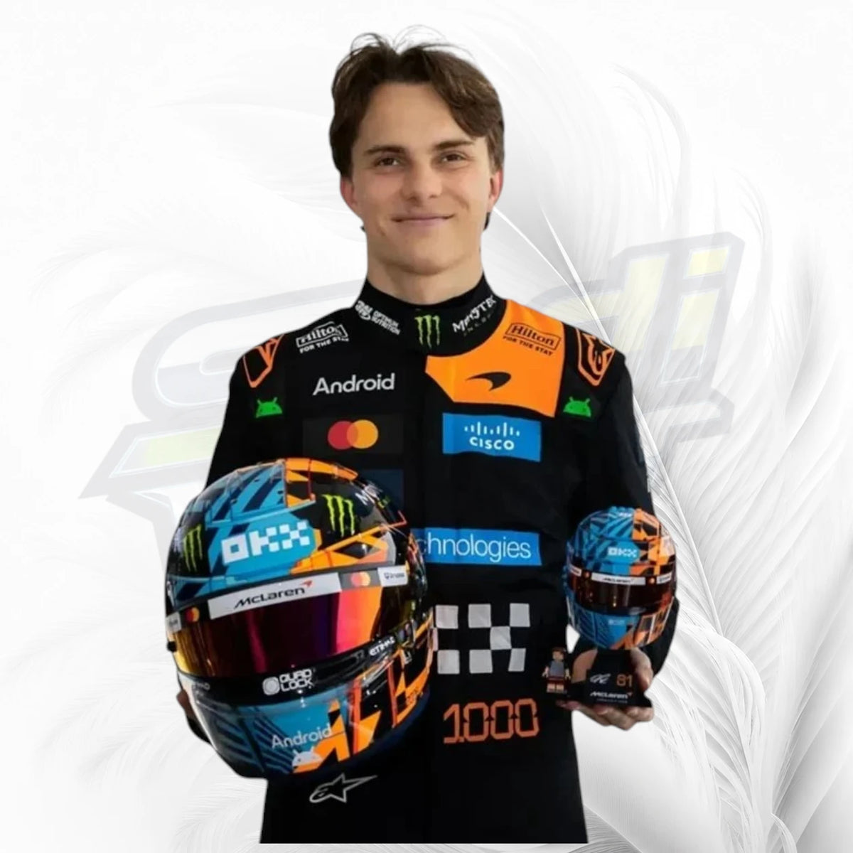 Oscar Piastri inspired 2026 McLaren racing suit with dark navy fabric and papaya-orange shoulder detailing