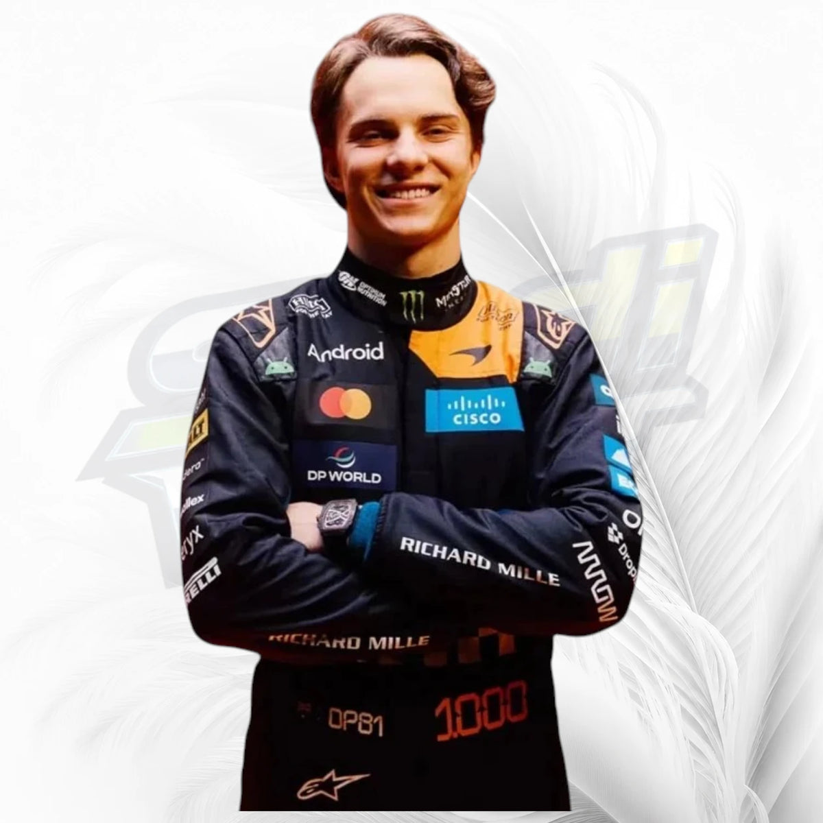Oscar Piastri inspired 2026 McLaren racing suit with dark navy fabric and papaya-orange shoulder detailing