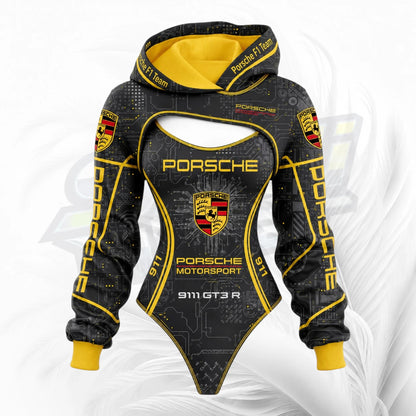 A black and yellow Porsche 911 GT3 R themed hooded bodysuit with a front cutout, featuring the Porsche crest, 'PORSCHE' text, and circuit board graphics on a white background.