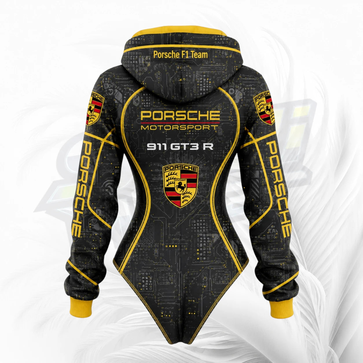 A black hooded sweatshirt with yellow and white Porsche branding, shown from the back on a white background with a faint gray watermark.