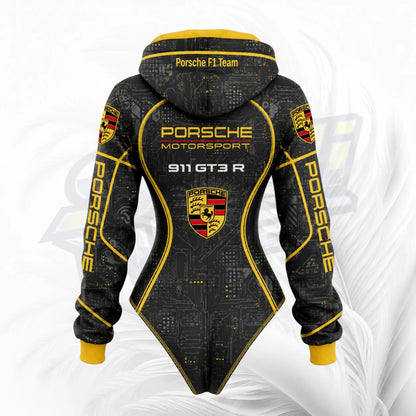 A black hooded sweatshirt with yellow and white Porsche branding, shown from the back on a white background with a faint gray watermark.